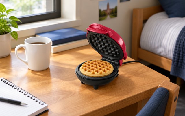 Mini waffle maker, on a small desk in a college dorm room beside a mug, lid open with a small golden waffle