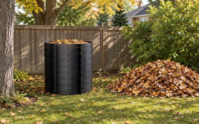 Geobin compost bin, in the corner of a large suburban backyard beside a pile of raked fall leaves