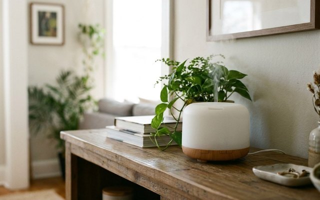 White dome diffuser with a wood-grain base on a living-room console table beside books and a plant