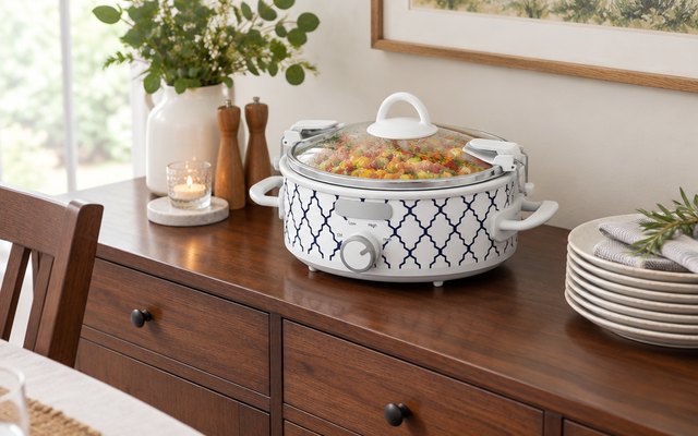 Crock-Pot 2.5-quart casserole slow cooker, on a dining-room sideboard set for a small dinner, beside a stack of plates
