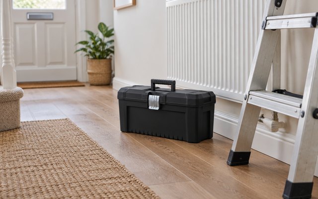 Stanley Essential toolbox, closed on the floor of a British hallway beside a white radiator and a small step ladder
