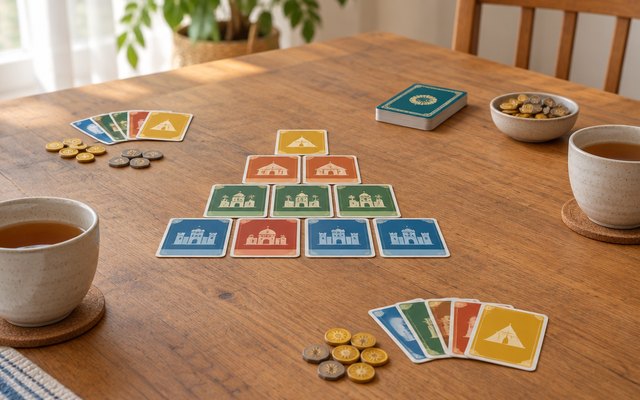 A two-player card game in progress on a wooden table for two, overlapping cards laid in a pyramid shape