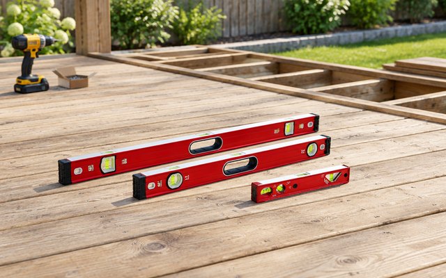 Goldblatt 3-piece level set, laid side by side on the boards of a backyard deck under construction