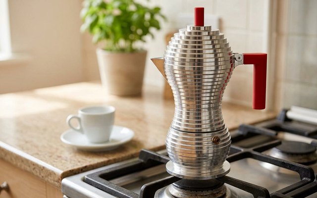 A ribbed aluminium moka pot with a red handle and knob on a gas hob beside an espresso cup