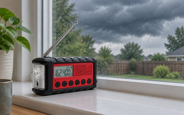 Midland ER310 weather radio, on a kitchen windowsill as storm clouds gather over the backyard