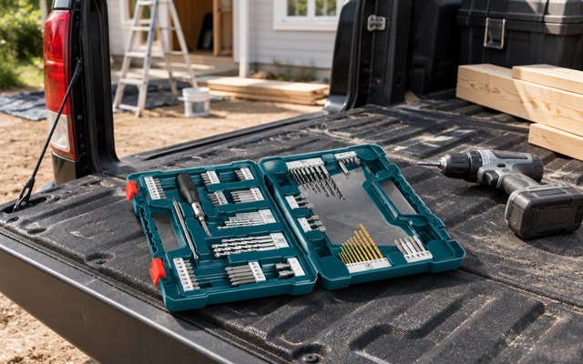BOSCH 91-piece drilling and driving set, on the tailgate of a pickup truck at a house renovation