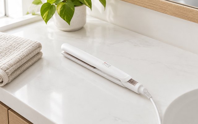 Slim flat iron on a white bathroom counter