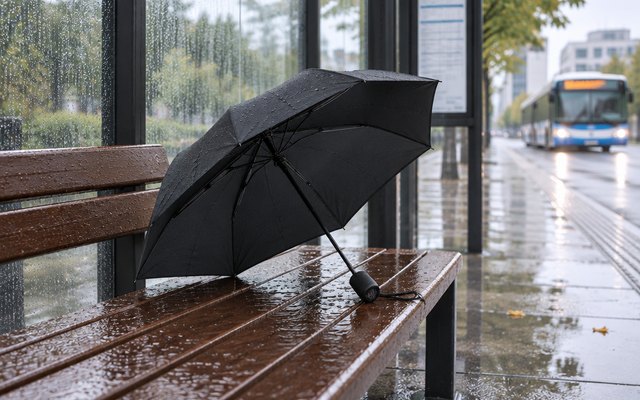 Repel travel umbrella, open and resting on a wet wooden bench at a bus stop
