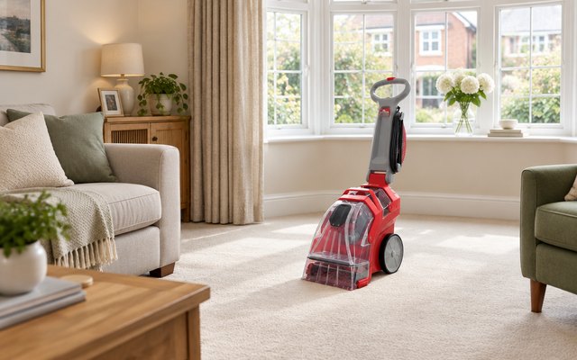 Rug Doctor carpet cleaner, standing in a large British lounge with a cream carpet and a bay window