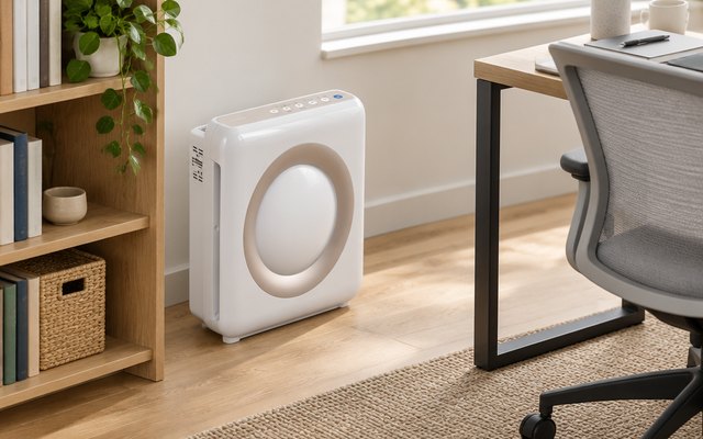 Coway Airmega AP-1512HH air purifier, on the floor of a tidy home office beside a bookshelf and a desk chair