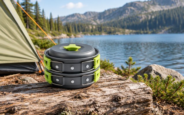 MalloMe camping mess kit, on a log beside a small backcountry tent at a lake