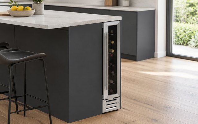 Russell Hobbs slim wine cooler, built in at the end of a kitchen island