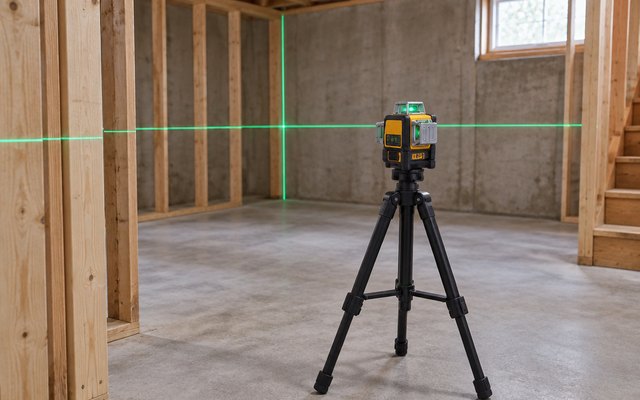 DEWALT green 3x360 line laser, in an unfinished basement with wood framing studs, the green lines on the walls