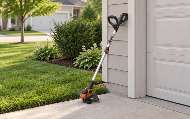WORX WG163 string trimmer, leaning against a garage wall beside a driveway and a freshly edged lawn