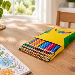 A big set of coloured pencils fanned out beside a colouring book