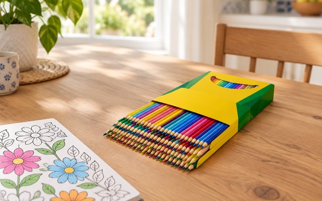 A big set of coloured pencils fanned out beside a colouring book
