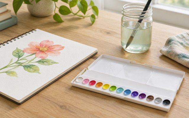 Art Philosophy watercolor palette, open on a desk beside a sketchbook with a painted flower and a brush in a jar of water