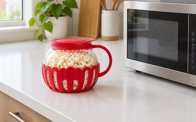 Ecolution Micro-Pop popper, on a white counter beside a microwave in a small apartment kitchen