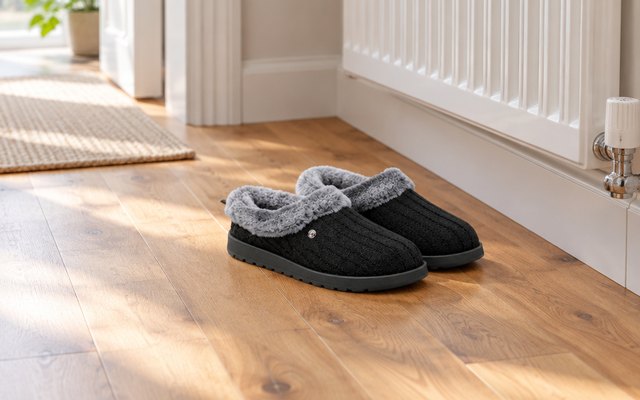 Black knit clog slippers with a grey fur collar, side by side on a wooden hallway floor by a radiator
