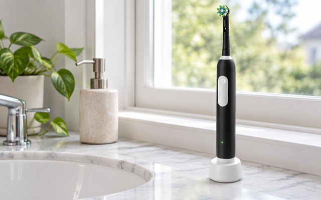 Oral-B Pro 1000 Electric Toothbrush, on the edge of a marble sink with a window behind