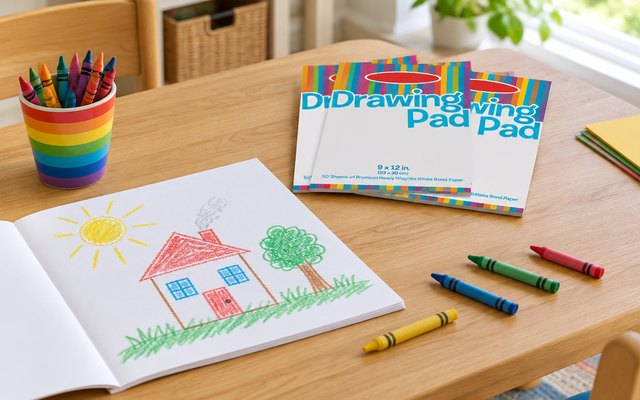 Melissa & Doug drawing paper pads, on a kids' craft table beside a cup of crayons