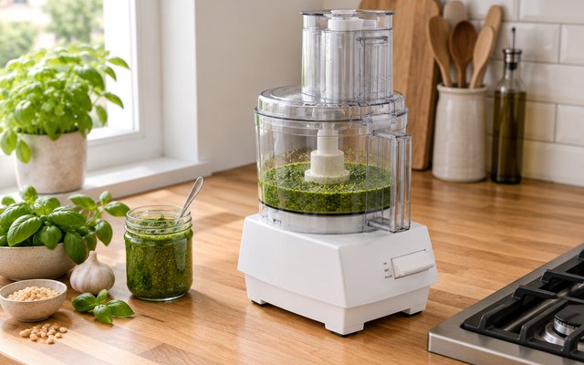 Cuisinart Pro Classic 7-cup food processor, on a small apartment kitchen counter beside a jar of homemade pesto and fresh basil