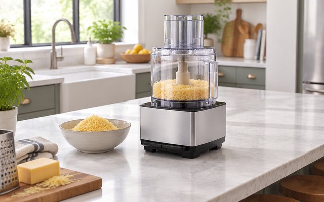 Cuisinart 14-cup food processor, on a long kitchen island in a family kitchen beside a bowl of shredded cheese