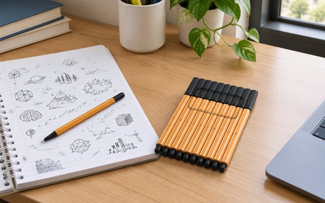 STABILO point 88 fineliners, on a college dorm desk beside a notebook full of doodles