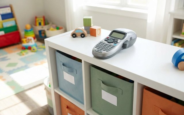 Silver handheld label maker on a white cube shelf above labelled fabric toy bins in a playroom