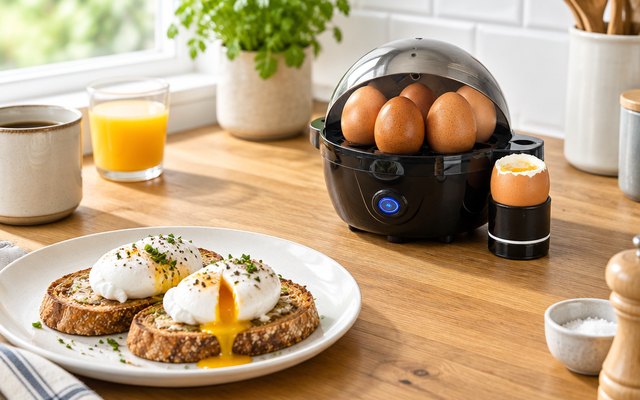 Neo 3-in-1 egg cooker, on a breakfast bar beside a plate of poached eggs on toast