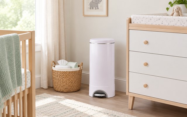Munchkin STEP Diaper Pail, step-open diaper pail in a nursery corner next to a changing table, a basket of baby wipes nearby