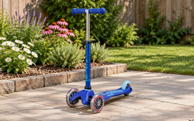 Micro Mini Deluxe scooter, standing on a backyard patio beside a small flower garden