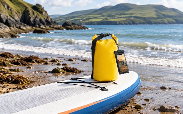 Ultra Dry Adventurer dry bag, on the nose of a paddleboard pulled up on a Welsh beach