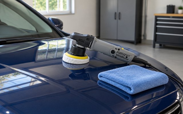 Chemical Guys TORQX polisher, resting on the hood of a glossy dark blue car in a clean home garage beside a microfiber towel