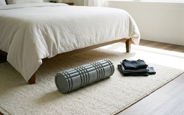 Grey grid-patterned foam roller on a cream rug at the foot of a bed, beside a stack of folded workout clothes