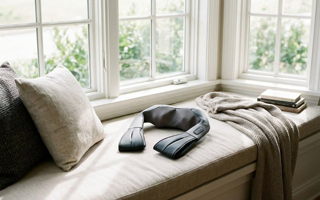 Black and grey neck massager wrap on the cushion of a window seat
