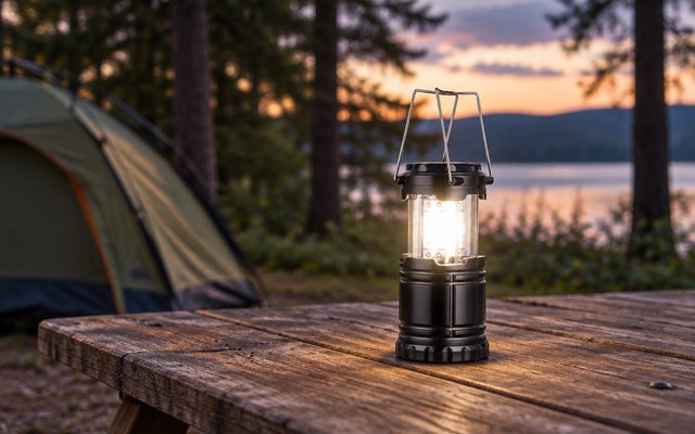 Etekcity camping lantern, standing on a wooden picnic table at a forest campsite at dusk, a tent soft in the background