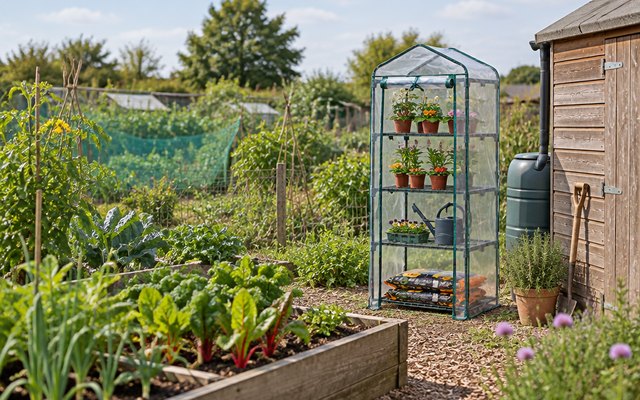 VonHaus mini greenhouse, on a British allotment beside raised vegetable beds and a wooden shed