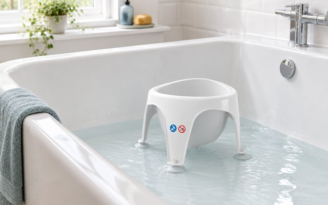 Angelcare bath seat, in a white family bath in a British bathroom, a little water in the bath and a towel on the side