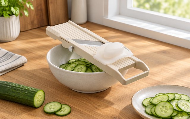 Benriner No. 64 mandoline, resting across a bowl on a wooden counter beside cucumbers and thin cucumber slices