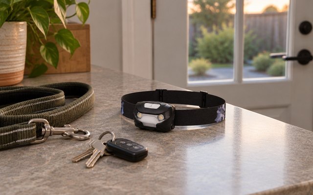 Lepro rechargeable headlamp on its black patterned band, lying on a kitchen counter by the back door beside a dog leash and keys