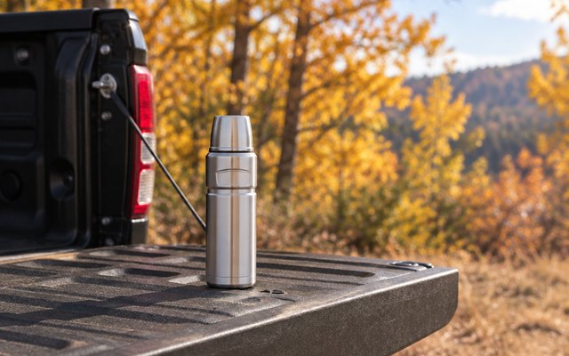 THERMOS Stainless King compact bottle, standing on the tailgate of a pickup truck on a fall morning, golden trees behind