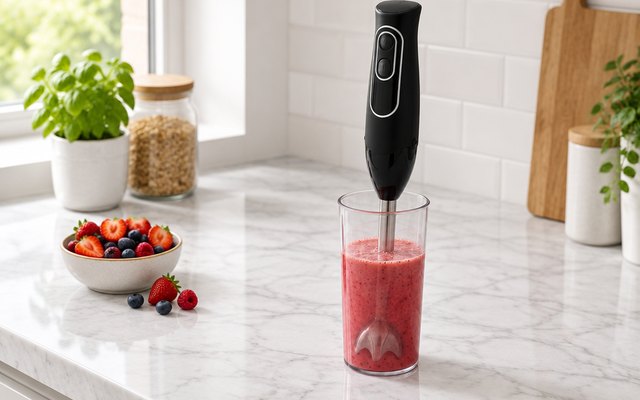 Braun MultiQuick 5 hand blender, on a white marble counter beside its beaker of fresh fruit smoothie
