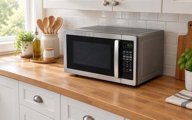 Farberware 1.1 cu ft microwave, on a butcher-block counter in a farmhouse kitchen with white shaker cabinets