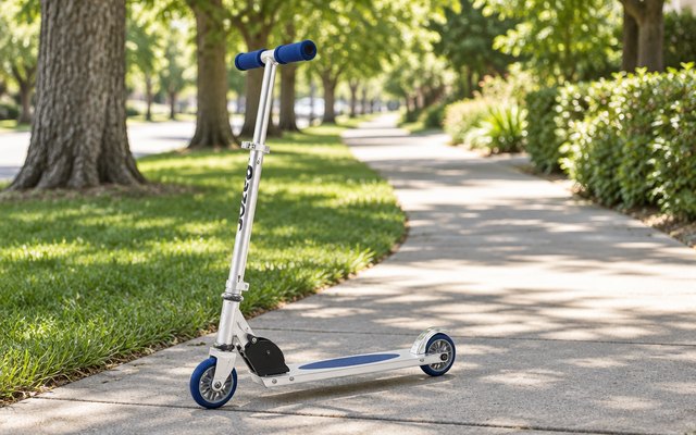 Razor A kick scooter, standing on a tree-lined suburban sidewalk on a sunny morning