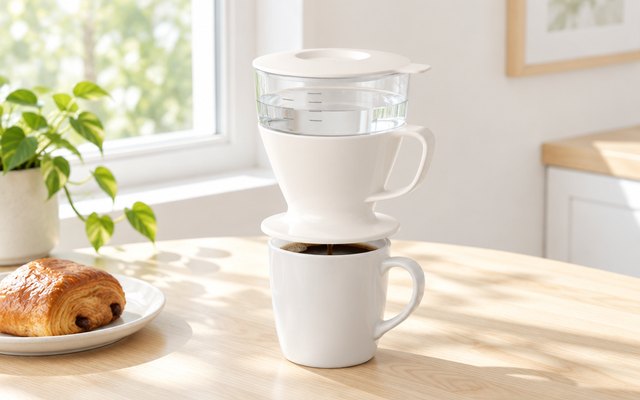 OXO single-serve pour-over with water tank, on a mug at a sunny kitchen windowsill