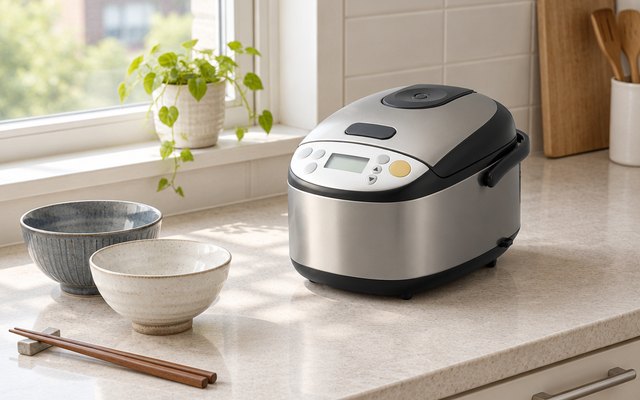Zojirushi NS-LGC05 rice cooker, on a small apartment kitchen counter by a window with two bowls