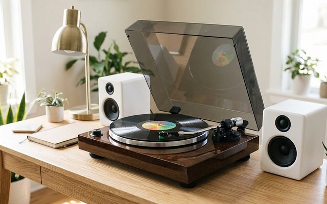 A walnut turntable with a silver platter and its tinted lid raised, on a light-oak desk in a bright study between two small white speakers