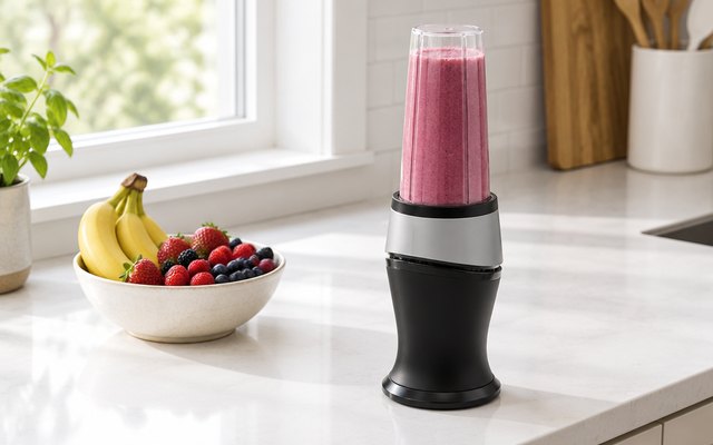 Ninja Fit personal blender, on a white kitchen counter beside a bowl of bananas and berries