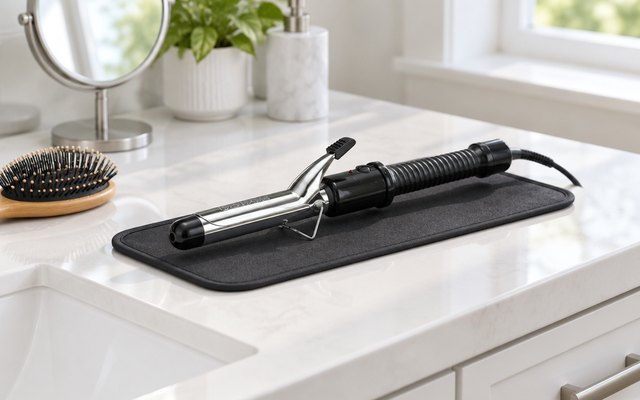 Curling iron resting on a heat mat on a white bathroom vanity beside a hairbrush and a small mirror